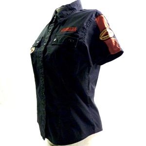 VINTAGE Genuine HARLEY-DAVIDSON RACING Women’s Fitted M Black Staff Work Shirt